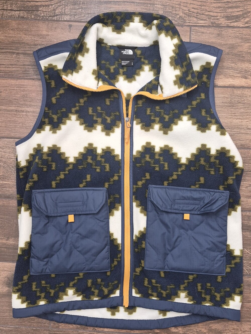 The North Face Navy Olive White Geometric Fleece Vest with Orange Zip